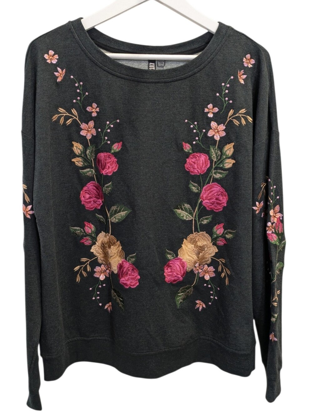 NEW KUT from the Kloth Sweatshirt Large Dark Gray Floral Embroidered Long Sleeve